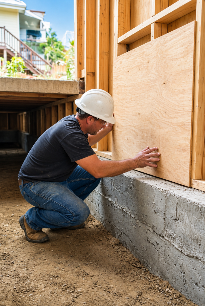 Worker installing plywood sheathing on wood framing at a raised foundation for multi-unit seismic retrofit in San Diego