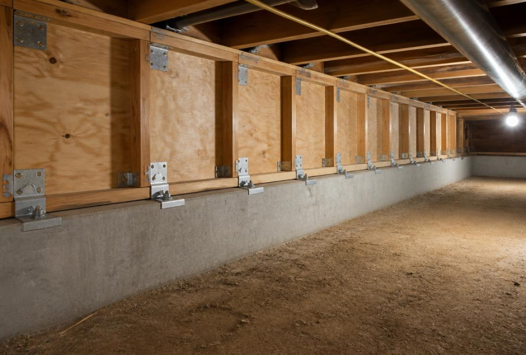 Completed plywood cripple wall bracing and foundation anchorage inside a San Diego raised-foundation crawlspace after seismic retrofit
