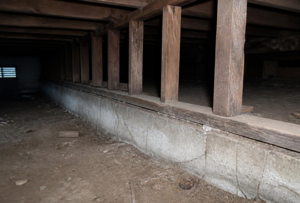 Unbraced wood cripple wall inside a raised-foundation crawlspace in San Diego before seismic reinforcement