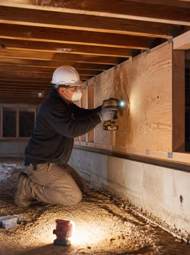 Worker installing structural plywood sheathing on a cripple wall in a San Diego raised-foundation crawlspace