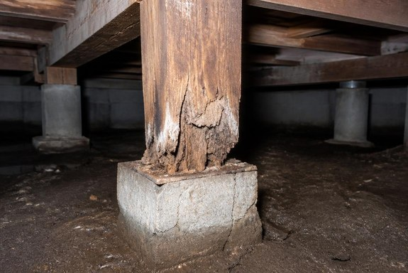Deteriorated wood support post beneath a San Diego raised-foundation home before crawlspace repair