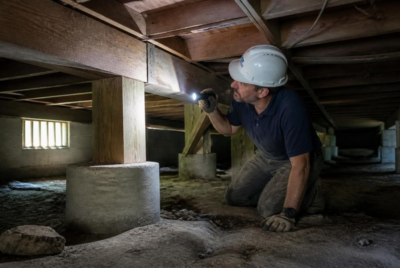 Worker assessing crawlspace post and beam supports beneath a raised-foundation home in San Diego