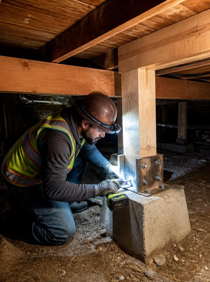 Worker reinforcing a structural support post inside a San Diego raised-foundation crawlspace
