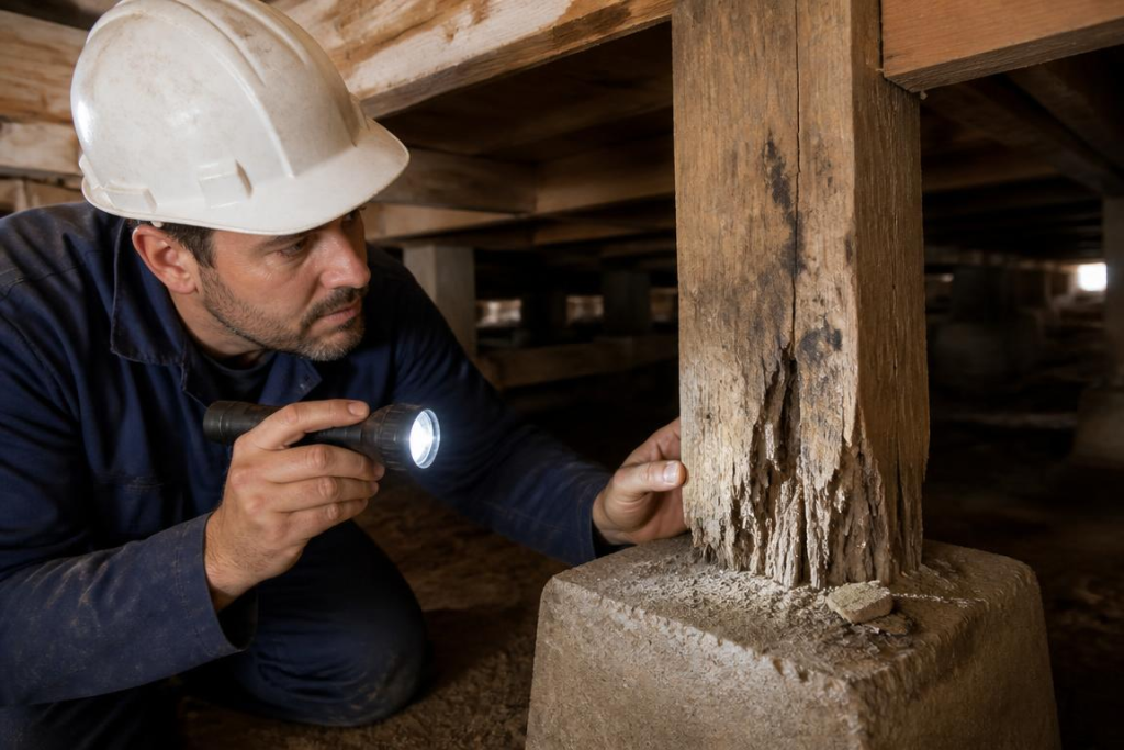 Technician inspecting a deteriorated crawlspace support post beneath a San Diego home