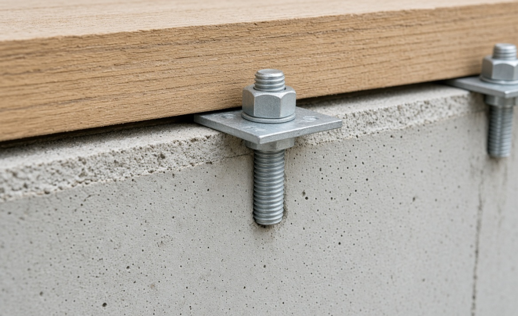 After foundation bolting – reinforced sill plate with code-compliant anchor bolts and steel plates on a San Diego home