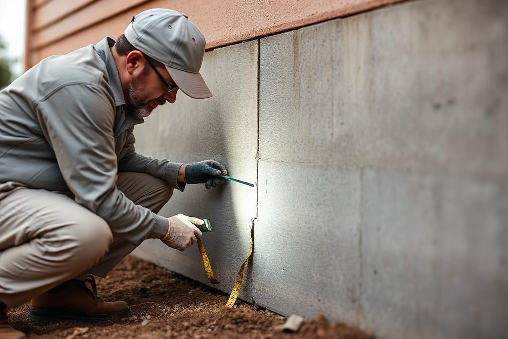Technician inspecting a vertical foundation crack on a San Diego residential foundation
