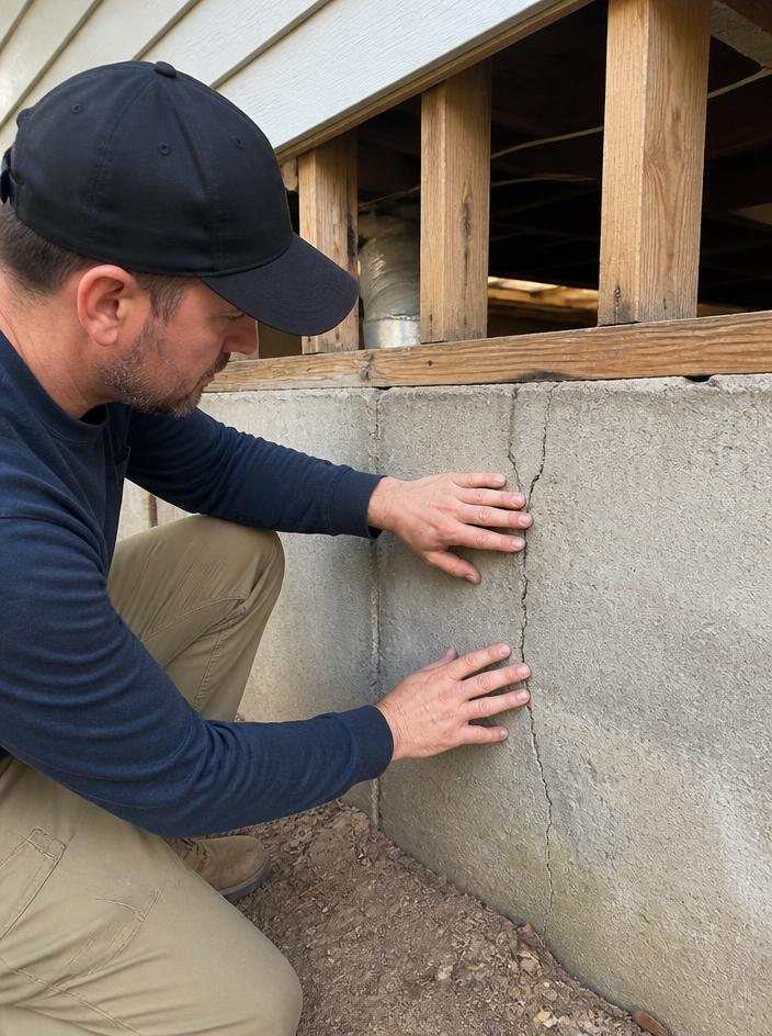 Worker inspecting a foundation crack on a raised-foundation home in San Diego