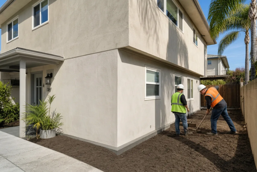 Completed foundation repair and stucco restoration at San Diego residence
