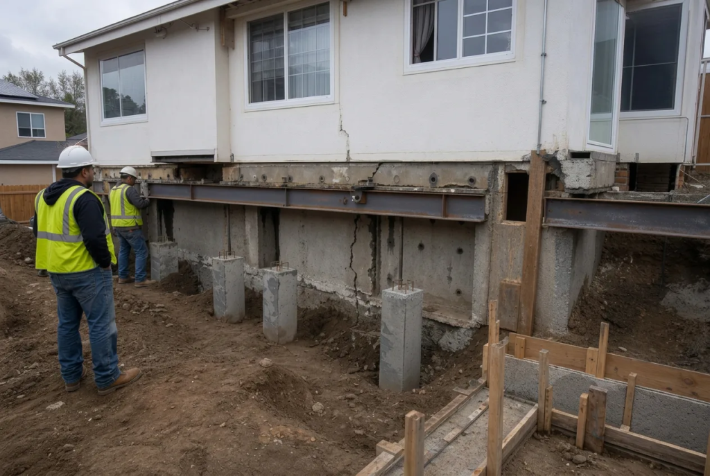San Diego home raised on temporary shoring during foundation bolting and crawlspace repair