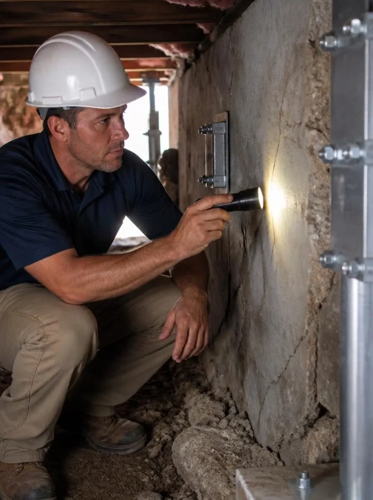 Technician inspecting exterior stucco foundation crack at San Diego home