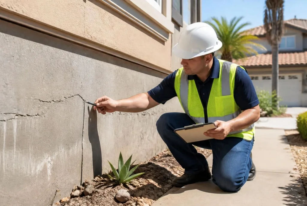 Technician inspecting exterior stucco foundation crack at San Diego home
