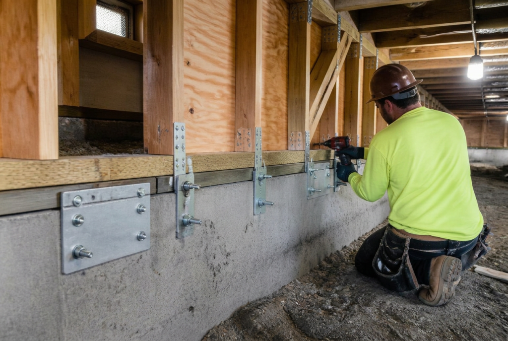 Plywood cripple wall bracing and foundation anchorage on a multi-unit building raised foundation for seismic retrofit in San Diego