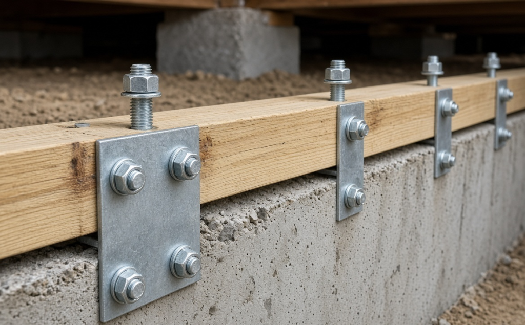 After sill plate anchorage – repaired and securely anchored sill plate with improved foundation connection on a San Diego home