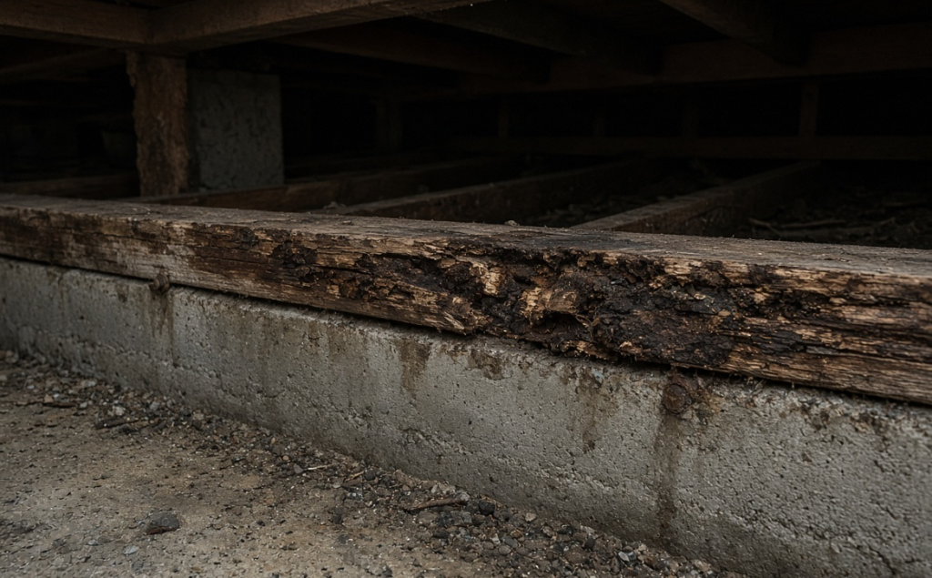 Before sill plate anchorage – deteriorated or inadequately connected sill plate on a San Diego home