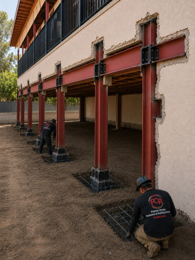 Worker installing plywood sheathing on wood framing at a raised foundation for multi-unit seismic retrofit in San Diego