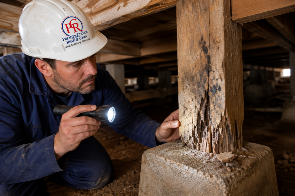 Technician inspecting a deteriorated crawlspace support post beneath a San Diego home