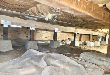 Crawlspace Beam Reinforcement in San Diego Reinforced crawlspace beam supporting the floor system beneath a San Diego home