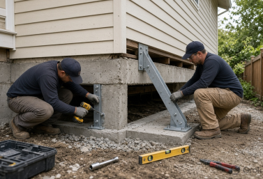 Workers installing metal earthquake braces and foundation bolts on a residential house foundation