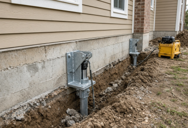 esidential foundation repair with structural support installed beneath a home