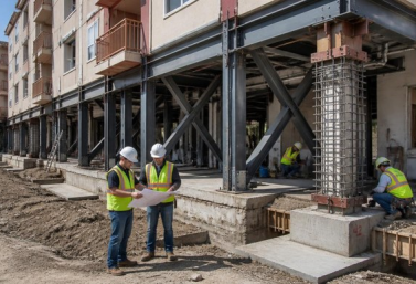 Multi-unit residential building receiving seismic retrofit reinforcement