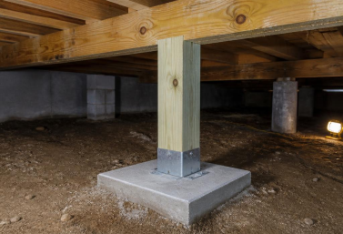 Crawlspace Post Replacement in San Diego Replacement structural post installed beneath a raised-foundation home in San Dieg