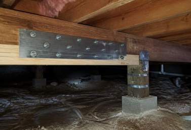Crawlspace Beam Reinforcement in San Diego Reinforced crawlspace beam supporting the floor system beneath a San Diego home