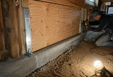 residential-seismic-reinforcement-san-diego Residential seismic reinforcement work inside a raised-foundation crawlspace in San Diego