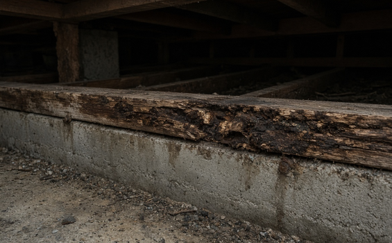 Before sill plate anchorage – deteriorated or inadequately connected sill plate on a San Diego home